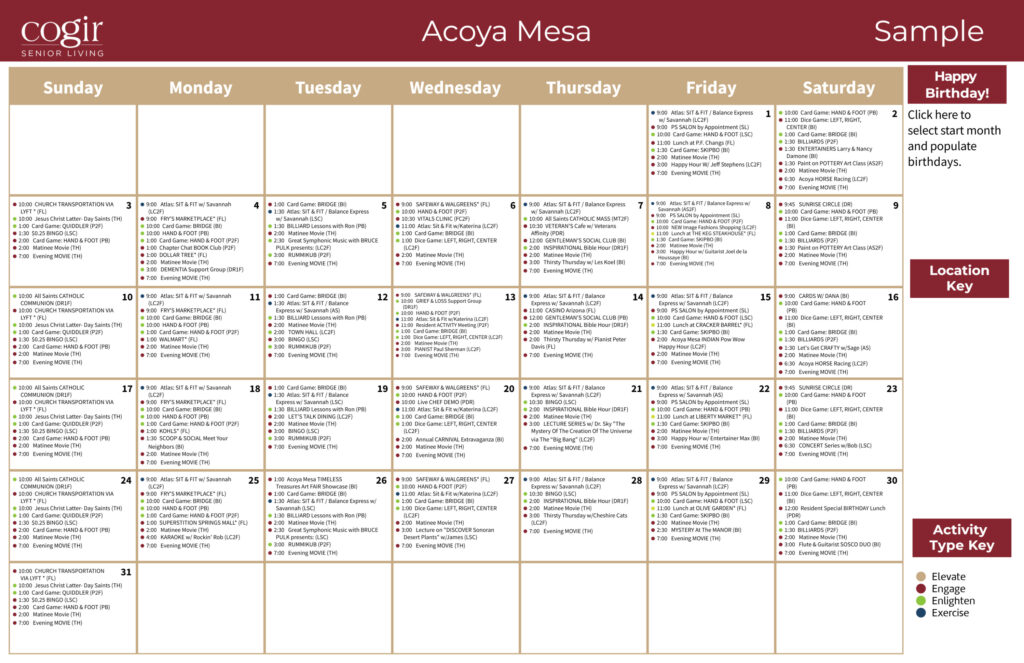 Monthly activity calendar featuring diverse, engaging events promoting connection and wellness.
