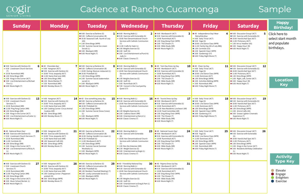 Monthly activity calendar for seniors highlighting diverse social, fitness, and entertainment events.