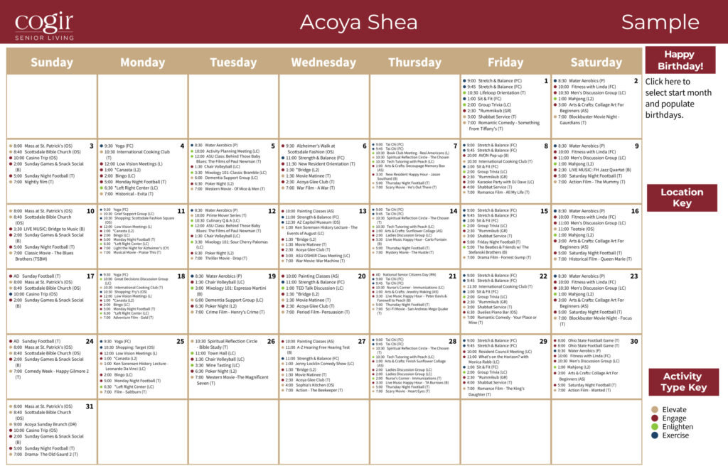 Senior living calendar showcasing a variety of engaging weekly activities and events for residents.