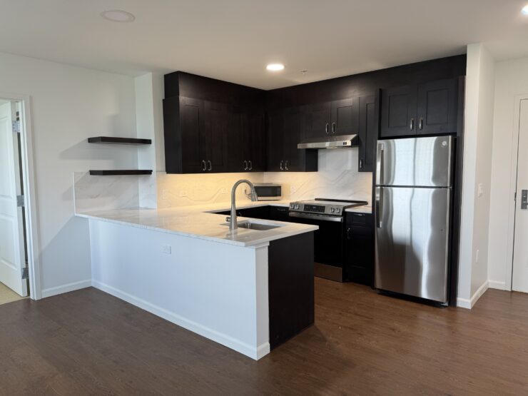 Modern kitchen with dark cabinetry, stainless steel appliances, and bright marble countertops.