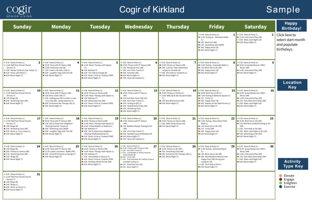 Monthly calendar showcasing diverse activities and events that foster community and engagement.