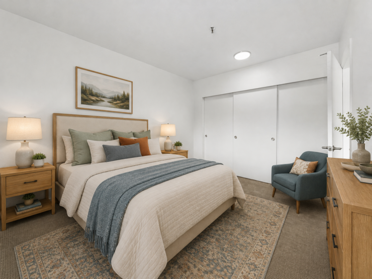 Inviting bedroom with soft lighting, comfortable bed, and peaceful decor for restful living.