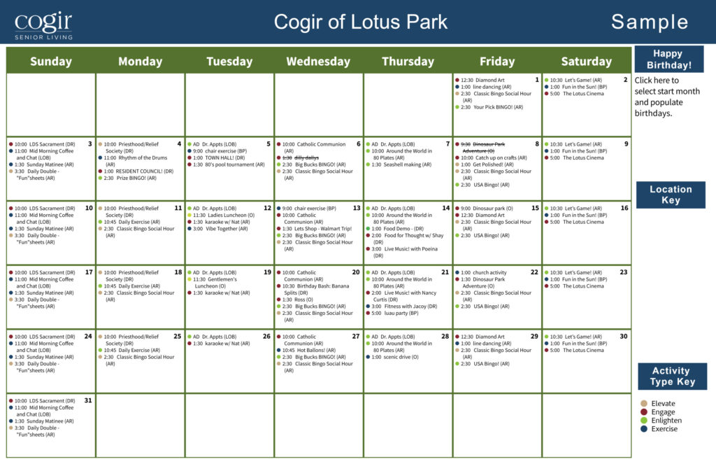 Weekly calendar displaying diverse engaging activities for seniors at Cogir of Lotus Park community.
