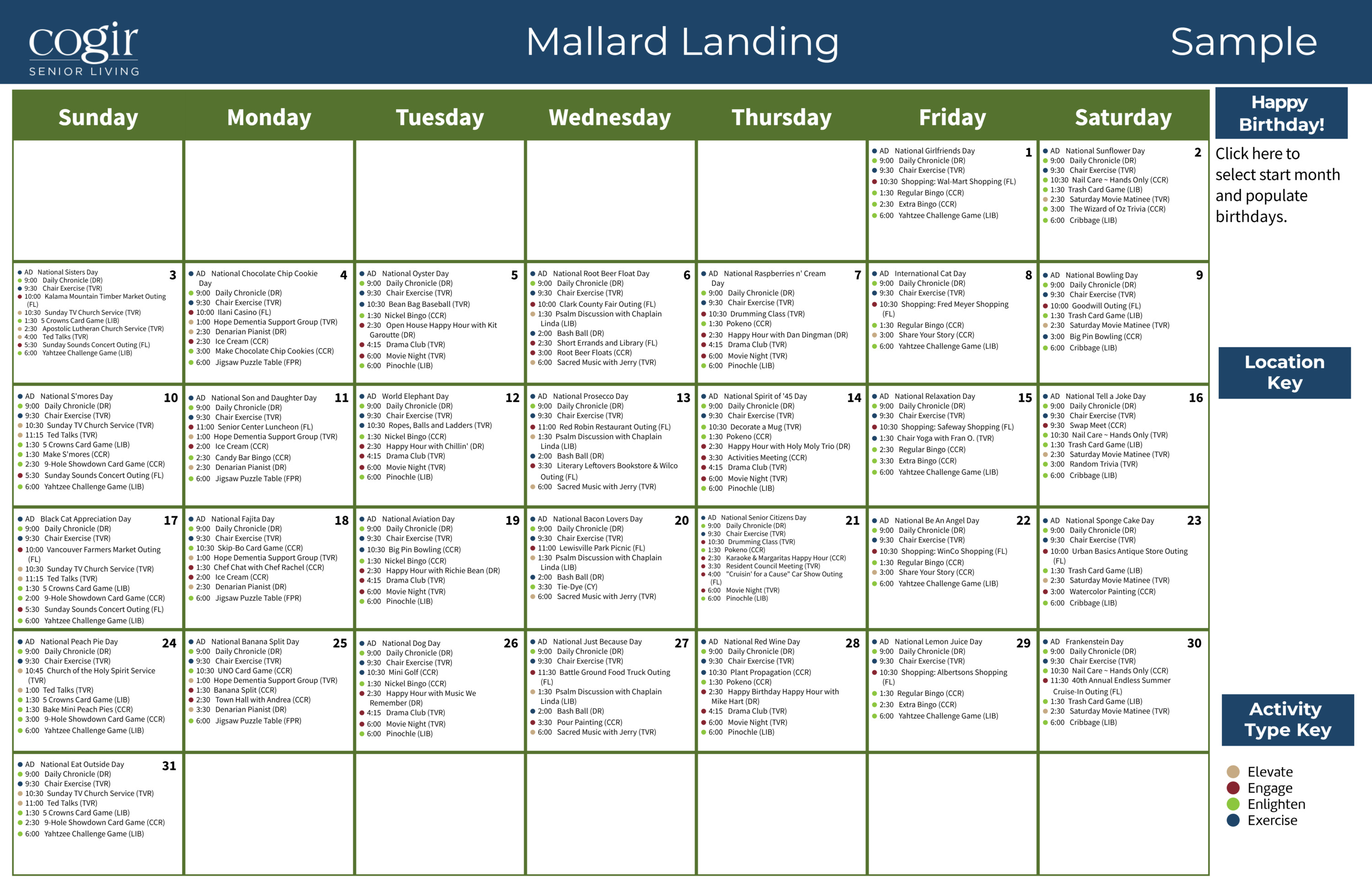 Calendar showcasing diverse daily activities promoting social engagement and wellness in a senior community.