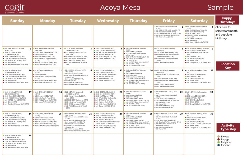 Monthly activity calendar showcasing diverse engaging events for a vibrant retirement community.