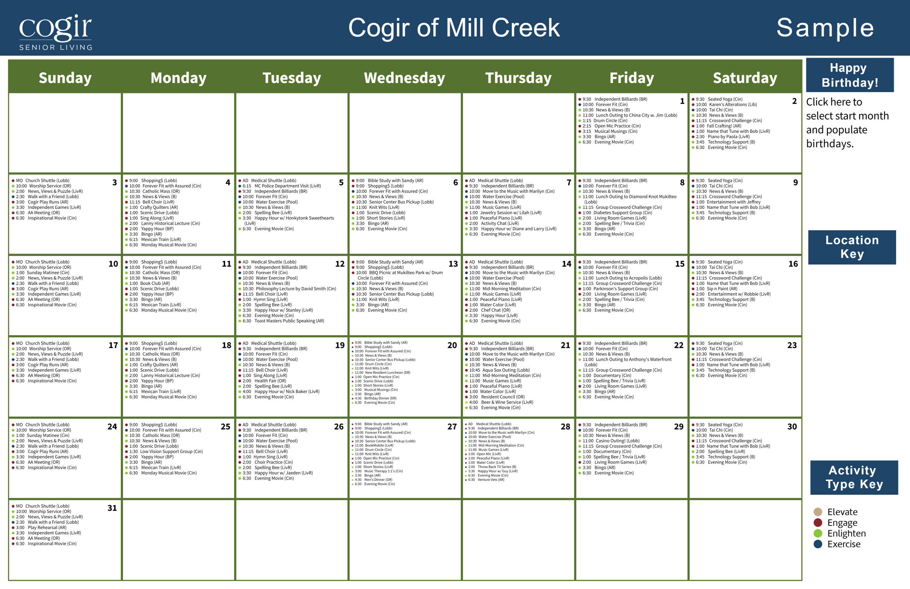 Weekly activity calendar for residents highlighting diverse social, fitness, and wellness events.