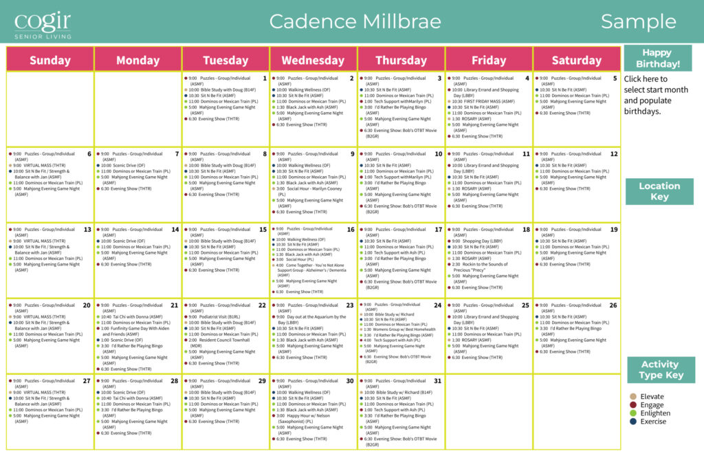 Monthly activity calendar showcasing engaging programs and social opportunities for residents.