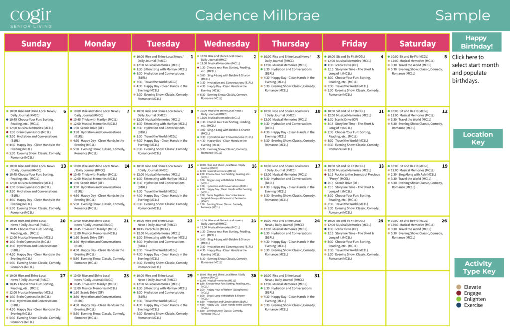 Well-organized monthly activity calendar highlighting engaging programs for seniors at Cadence Millbrae.