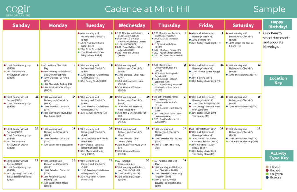 Activity calendar showing diverse daily events fostering engagement and wellness at Cadence at Mint Hill.