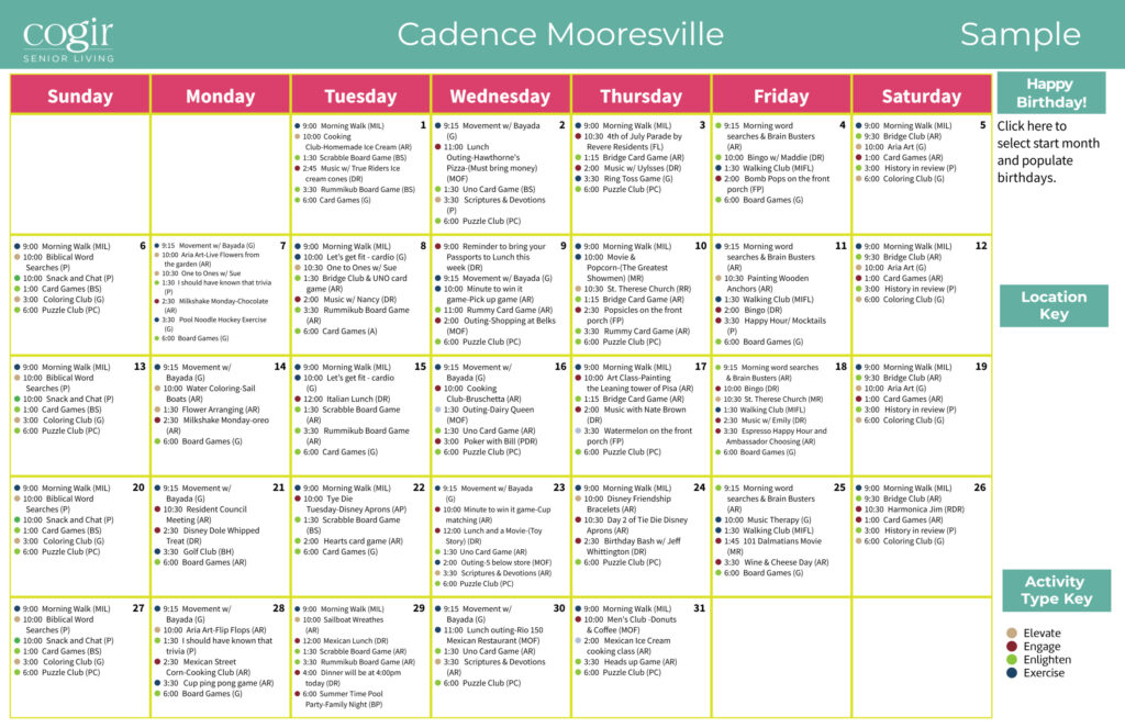 Monthly activity calendar displaying diverse social and wellness events promoting community engagement.