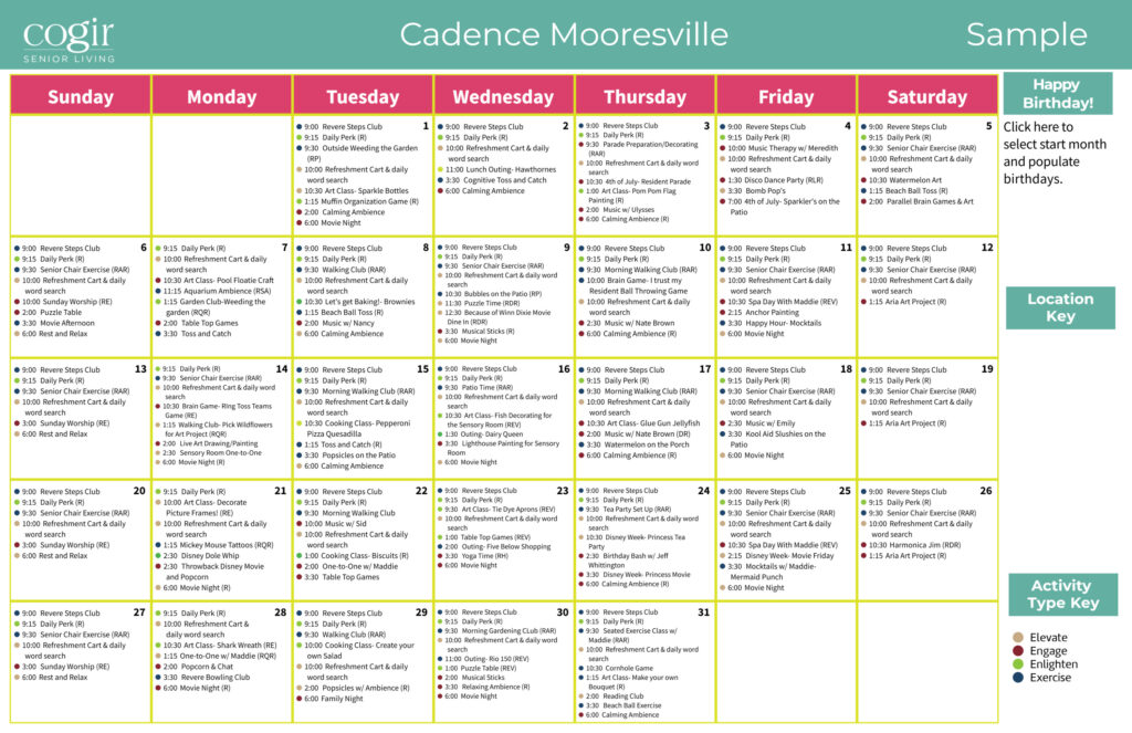 Senior living activity calendar showcasing daily events promoting wellness, creativity, and social connection.