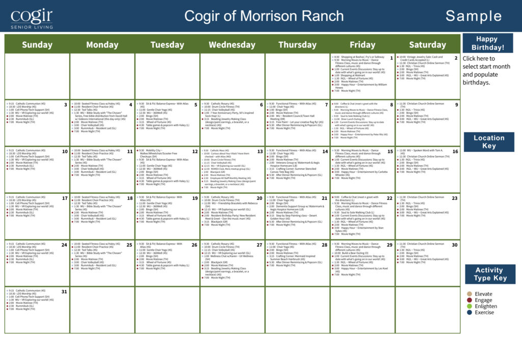 Color-coded monthly activity calendar showcasing diverse social, fitness, and wellness events for residents.