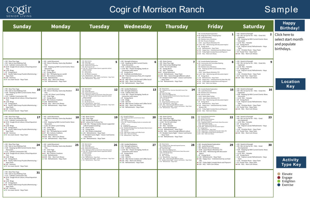 Monthly activity calendar showing diverse scheduled events supporting an active senior community.
