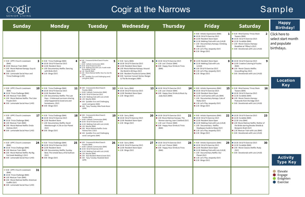 Weekly activity calendar showcasing diverse events supporting an active and engaged community.