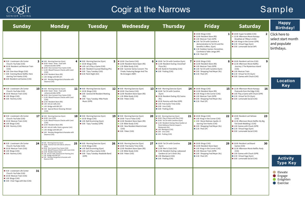 Monthly activity calendar showcasing engaging events and social opportunities for seniors.