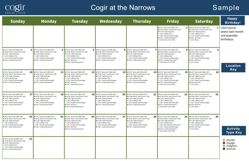 Monthly activity calendar displaying a variety of engaging programs promoting community and wellness.