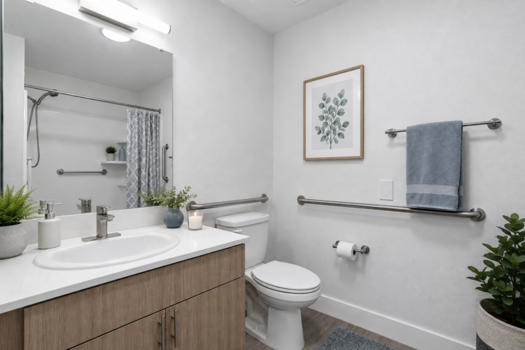 Bright, accessible bathroom featuring safety rails, fresh decor, and a peaceful atmosphere.