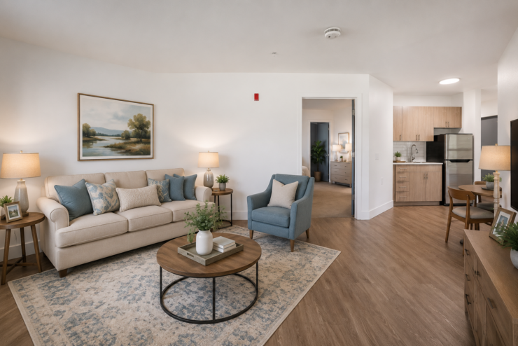 Bright and inviting living space with comfortable seating, warm lighting, and open kitchen area.
