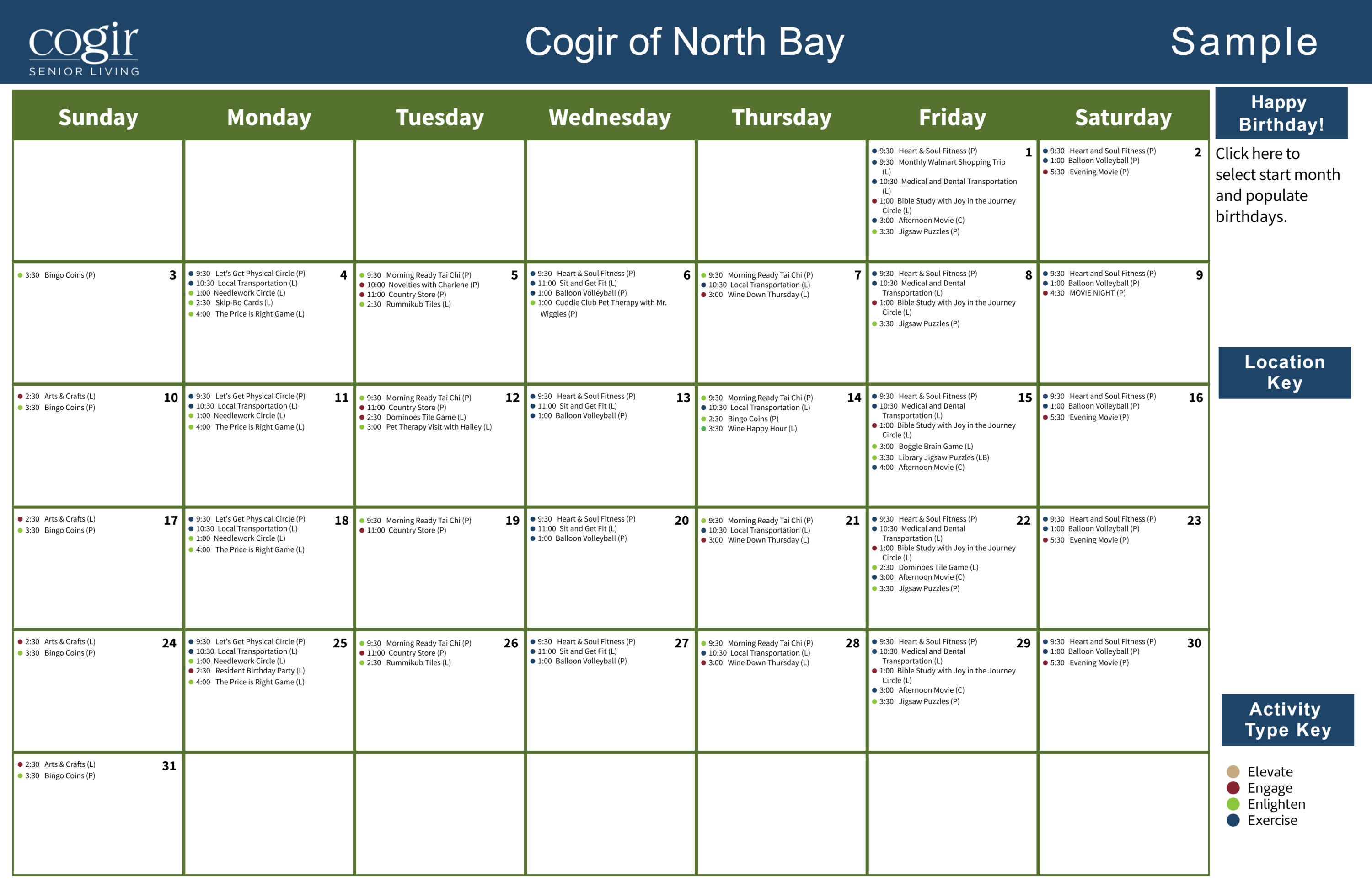 Monthly activity calendar showing a variety of engaging events promoting wellness and connection.