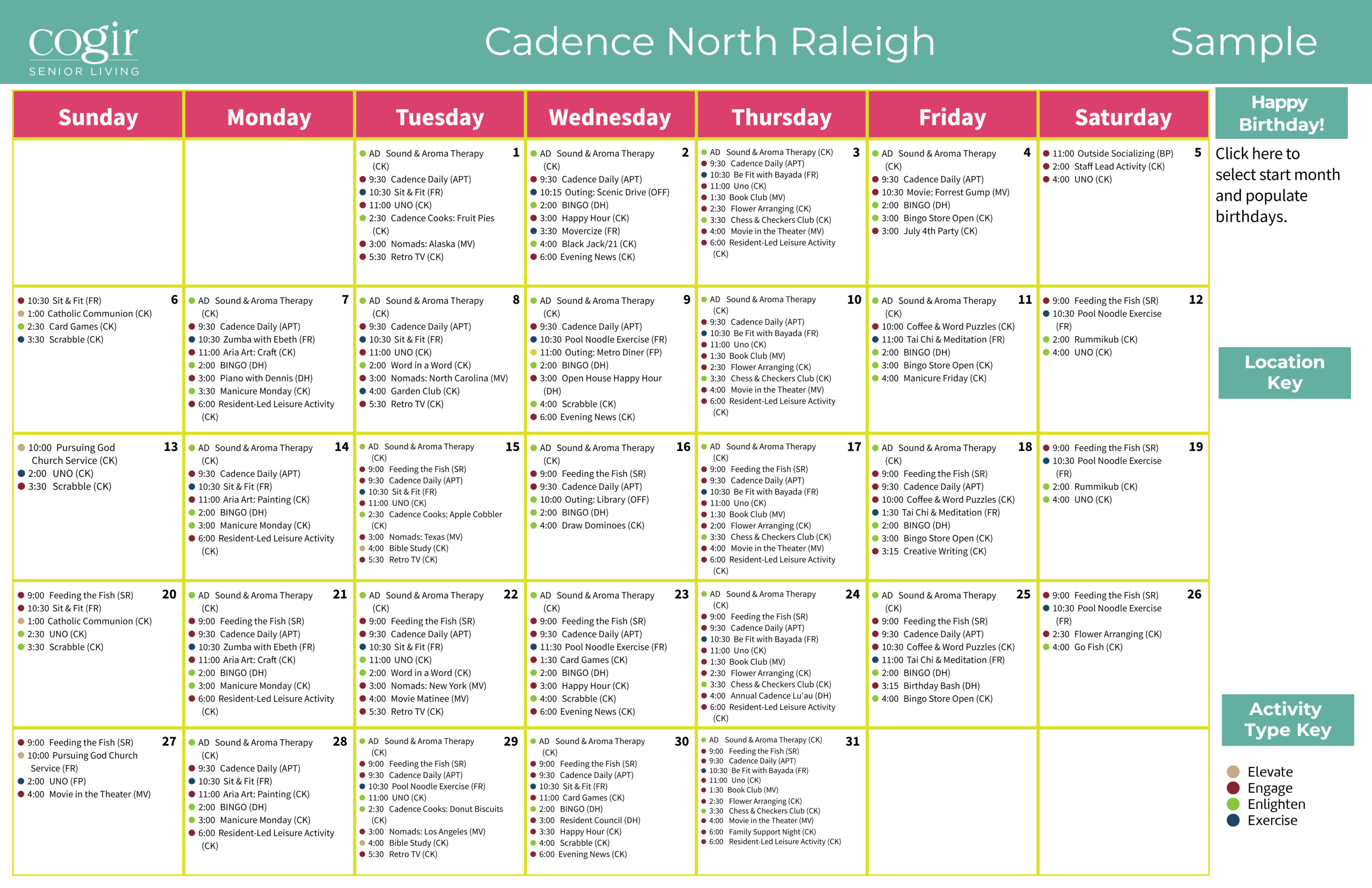 Weekly activity calendar showcasing diverse social, fitness, and leisure events for seniors at Cadence North Raleigh.