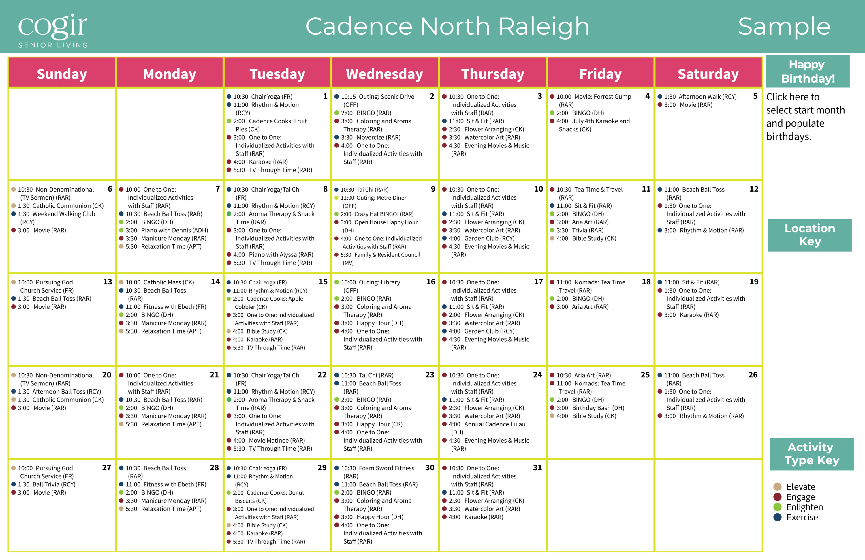 Weekly activity calendar showcasing diverse programs designed for senior engagement and wellness.