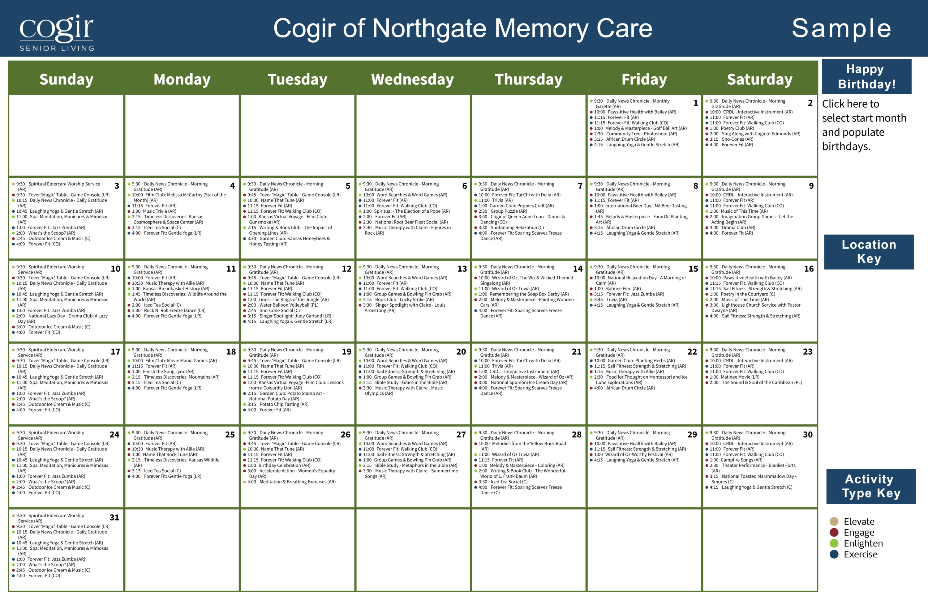 Weekly activity calendar showcasing diverse programs fostering connection and wellness at Cogir Northgate.
