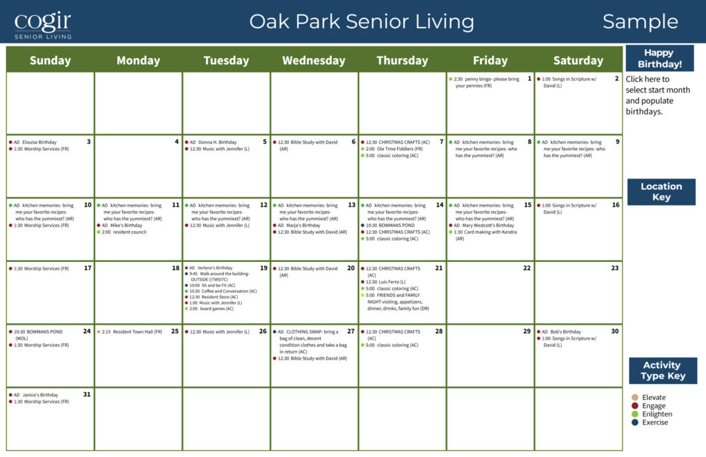 Monthly activity calendar highlighting social, creative, and wellness events at Oak Park Senior Living.