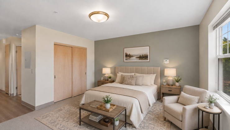 Bright and inviting bedroom with comfortable seating, soft lighting, and serene decor.