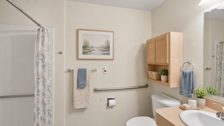Well-lit bathroom with accessible features, soft decor, and a peaceful landscape painting.
