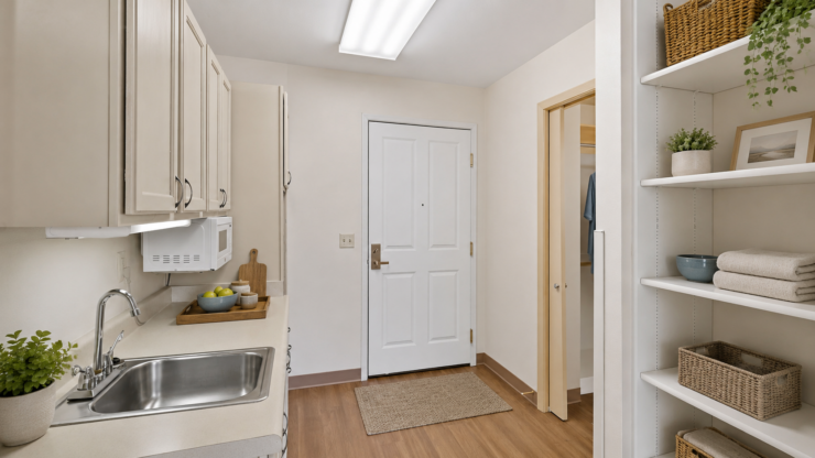 Bright, welcoming kitchen with organized shelves and calming neutral tones for comfortable living.