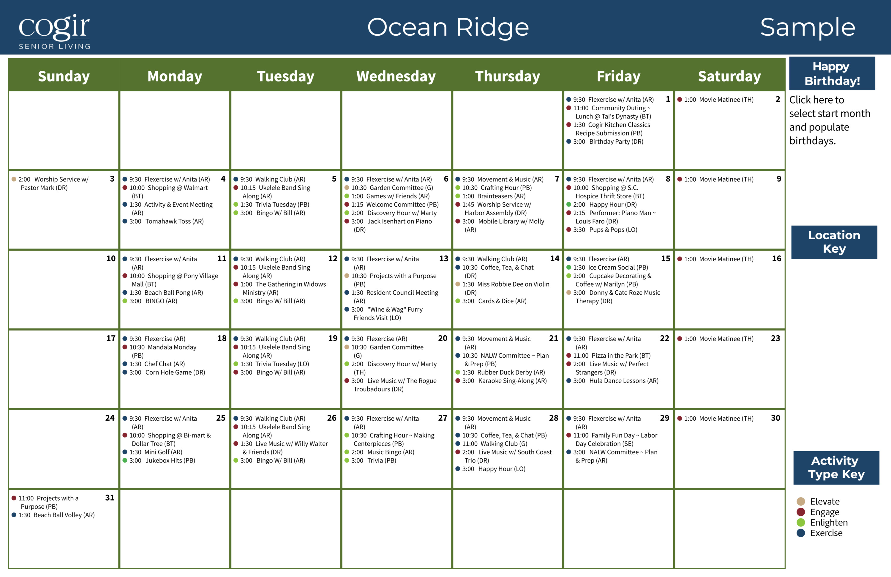 Retirement community calendar displaying diverse daily activities promoting engagement and wellness.