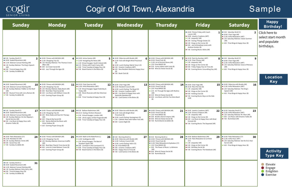 Monthly activity calendar showcasing diverse social, fitness, and creative events for resident engagement.