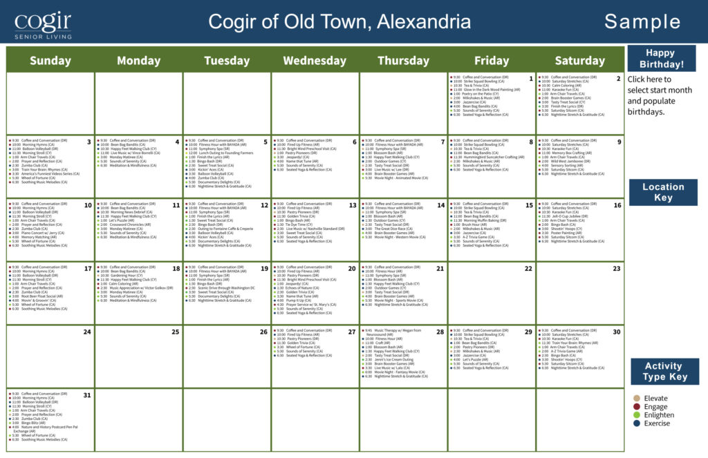 Activity calendar showcasing diverse daily events promoting engagement and wellness at Cogir of Old Town.