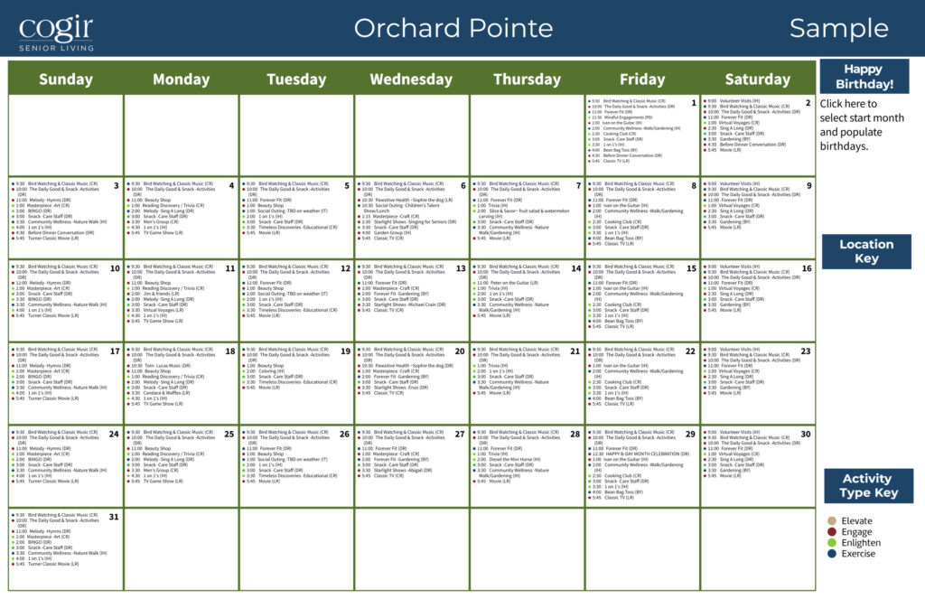 Weekly activity calendar showcasing diverse programs promoting engagement and wellness in a vibrant community.