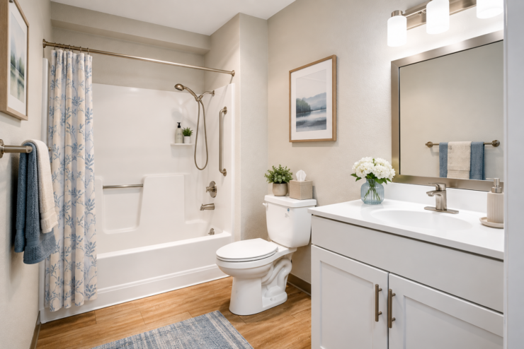 Bright and accessible bathroom with elegant fixtures and thoughtful safety features for comfort.