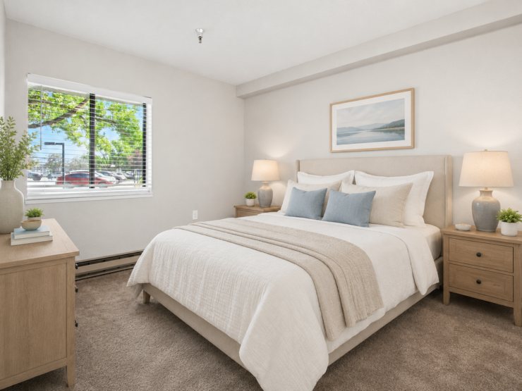 Sunlit bedroom with soft neutral tones, comfortable bed, and calming decor for restful living.