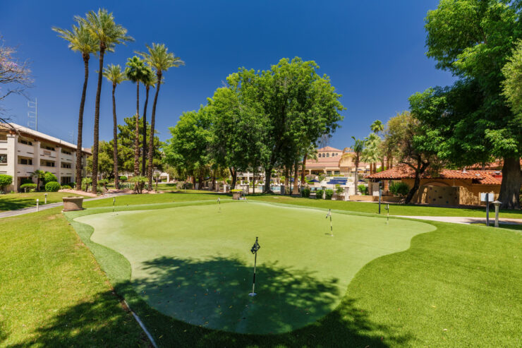 Well-maintained putting green surrounded by lush trees and comfortable residential buildings.