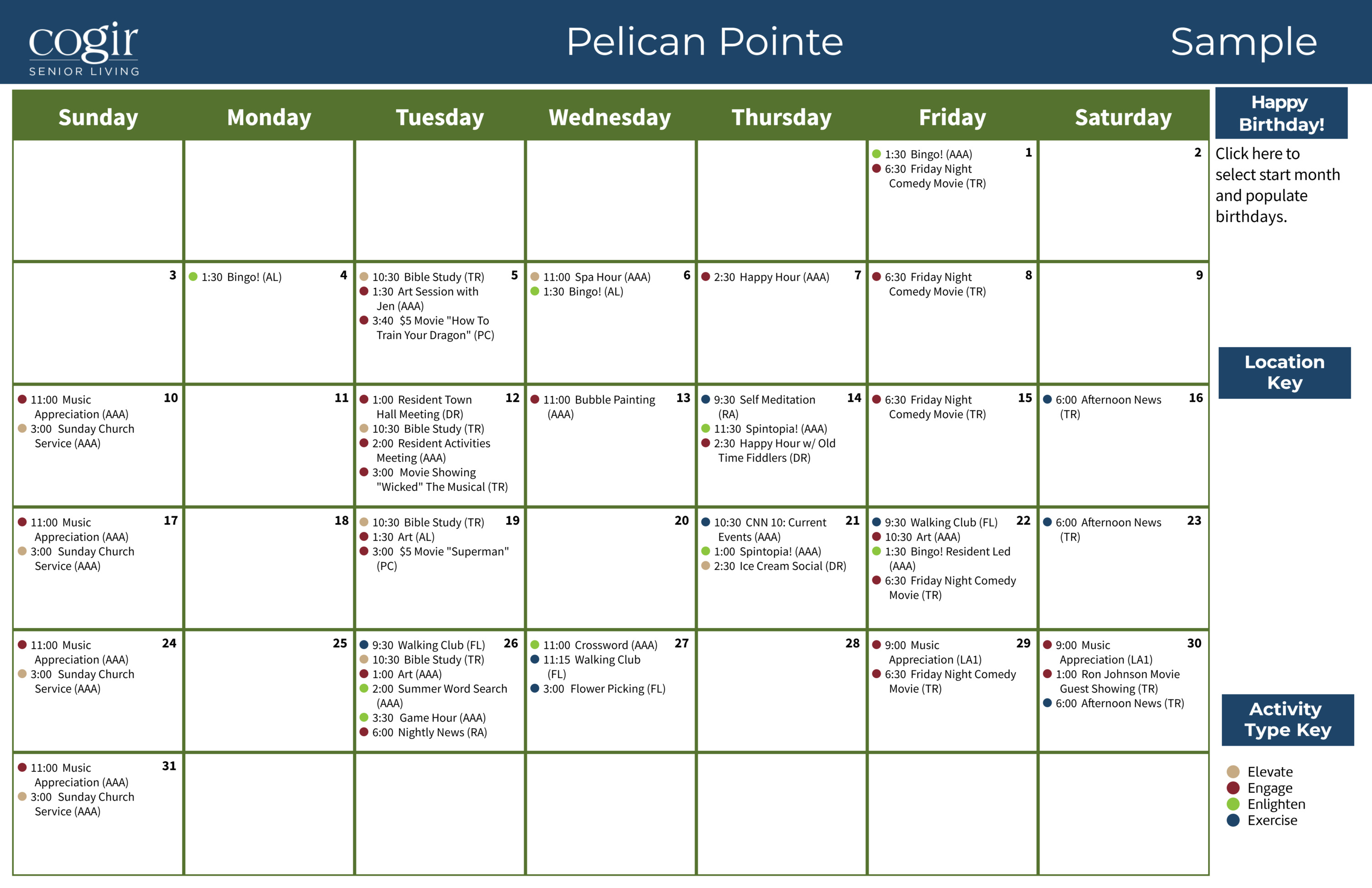 Activity calendar showcasing diverse weekly events and social opportunities at Pelican Pointe community.