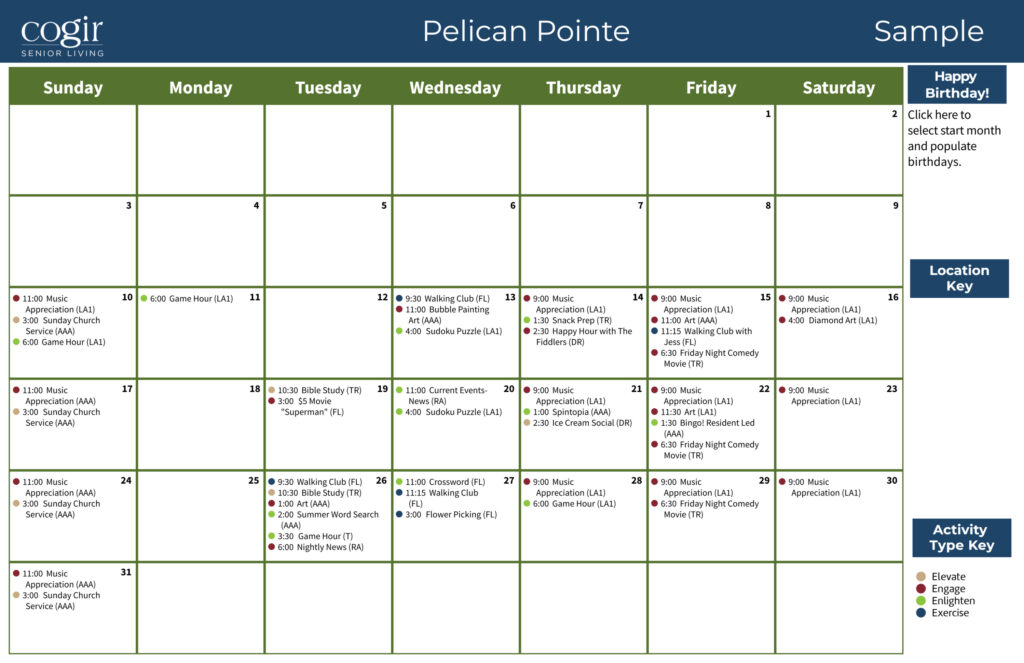 Monthly activity calendar highlighting engaging events for a vibrant senior community.