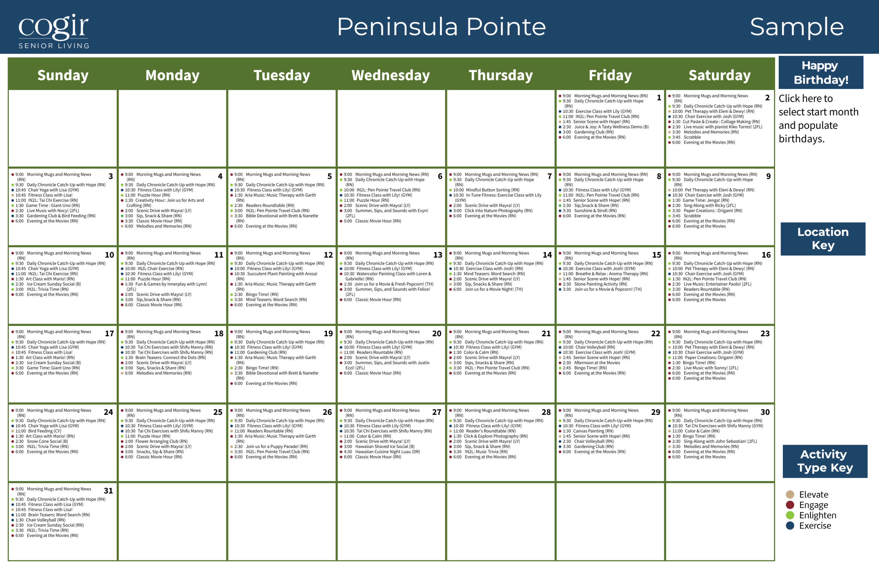 Monthly activity calendar showcasing diverse, engaging programs fostering connection and wellness.
