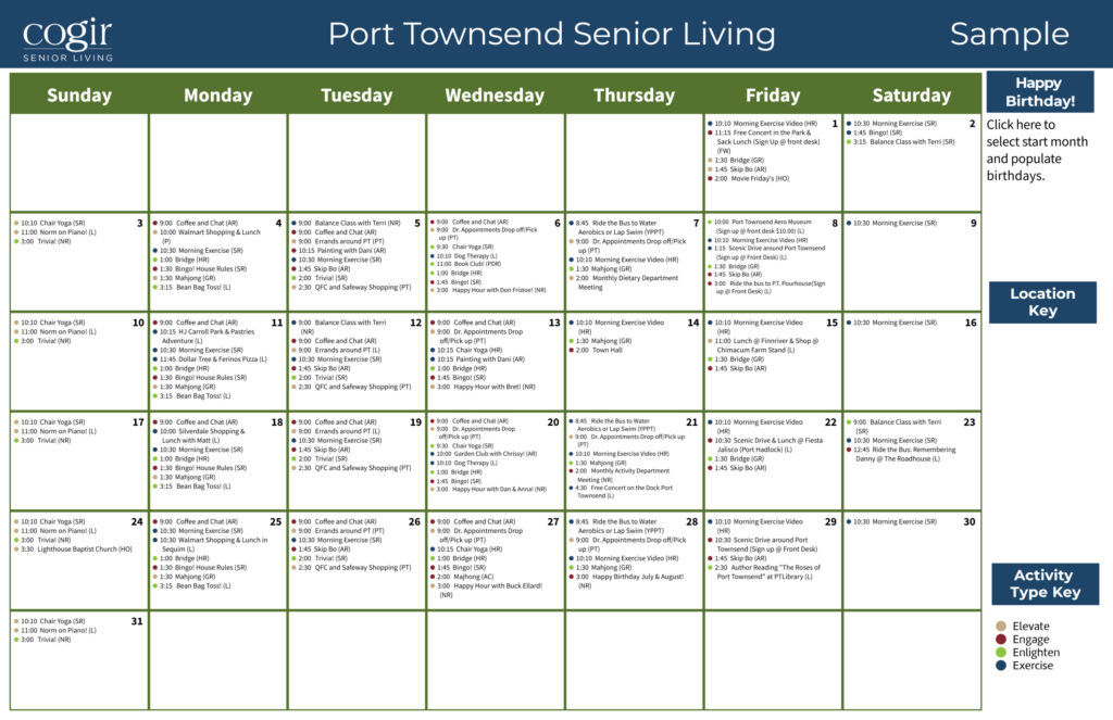 Monthly activity calendar showing diverse social, wellness, and recreational events for senior residents.