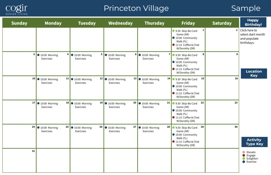 Activity calendar showing planned community exercises, games, and social chats for residents.