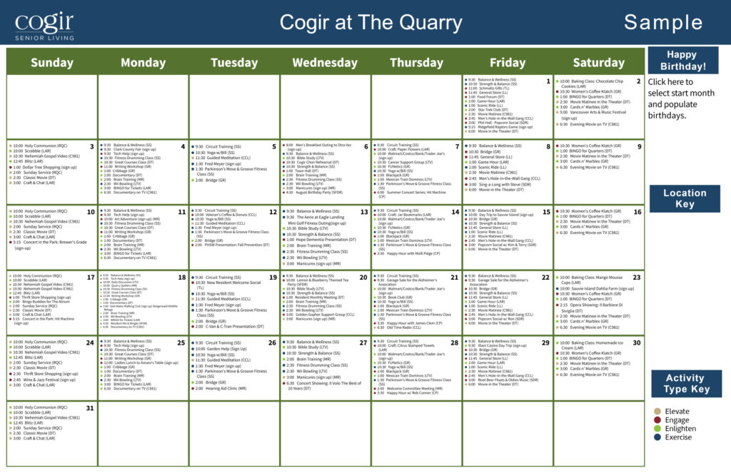 Weekly activity calendar showcasing diverse events promoting wellness, creativity, and community engagement.