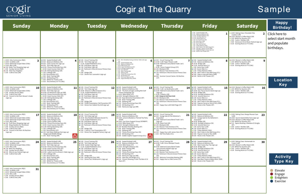 Weekly activity calendar showcasing diverse community events and wellness programs for active seniors.