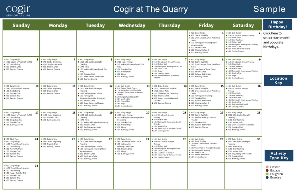 Monthly activity calendar showcasing diverse, engaging events fostering community and wellness.