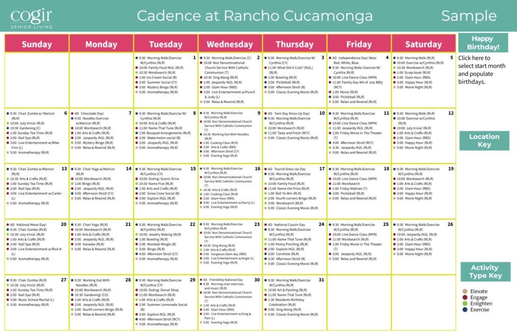 Weekly activity calendar showcasing a variety of engaging social, creative, and wellness events.