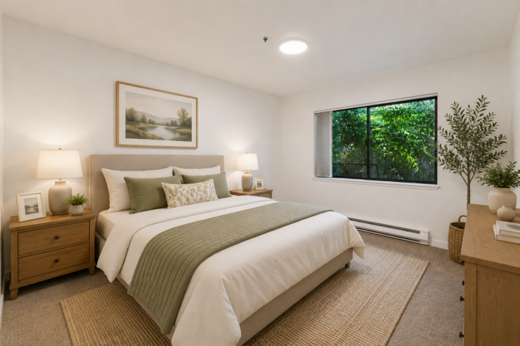 Bright and peaceful bedroom with natural light, calming decor, and inviting furnishings for restful living.