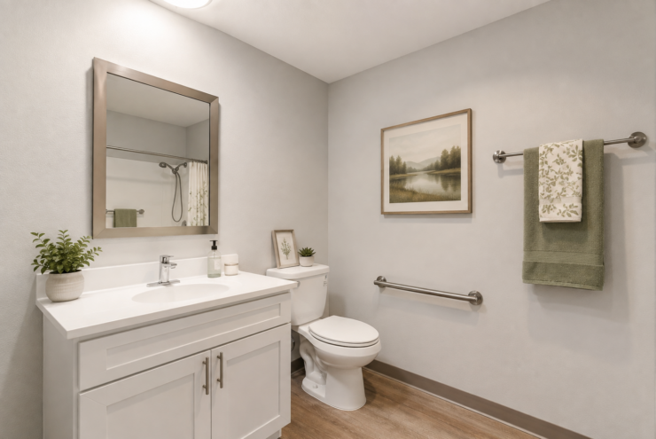 Bright bathroom with supportive grab bars, nature artwork, and fresh greenery for a calming atmosphere.