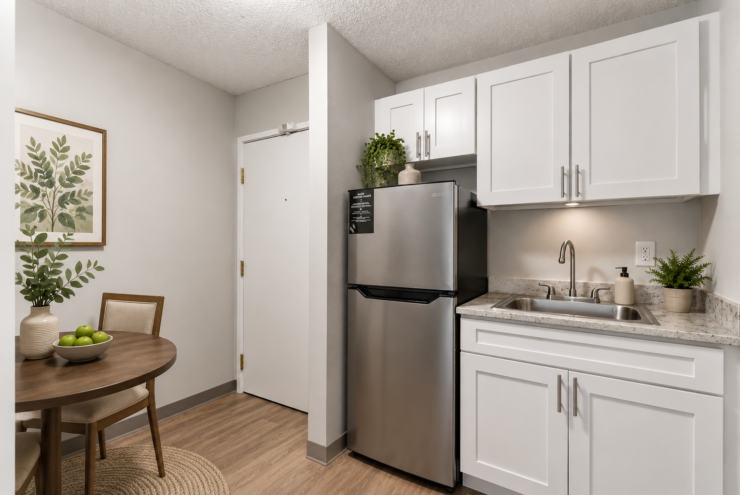 Bright and clean kitchen and dining area with modern appliances and inviting natural decor.