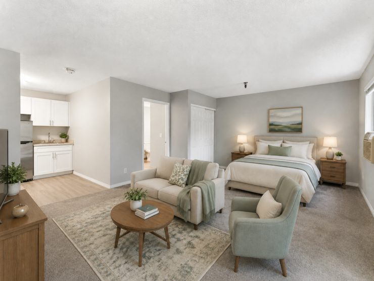 Well-lit, inviting studio apartment with comfortable seating and a restful bedroom area.